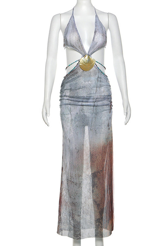 Vestido largo de malla con cuello halter y ribete de concha Eve