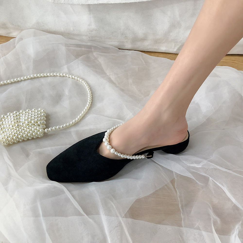 Sandals Square Head Pearl Muller Slippers