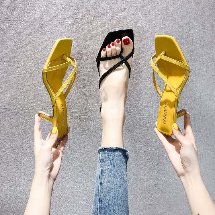 High-Heeled Slippers Women's Summer Wear Stiletto Heel New Fashion Korean Style Set Toe Mid-Heel Cross Sandals And Slippers Women