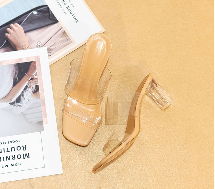 Summer New Style Fairy Style Crystal Mid-heel Thick High-heel Transparent Sandals And Slippers Women