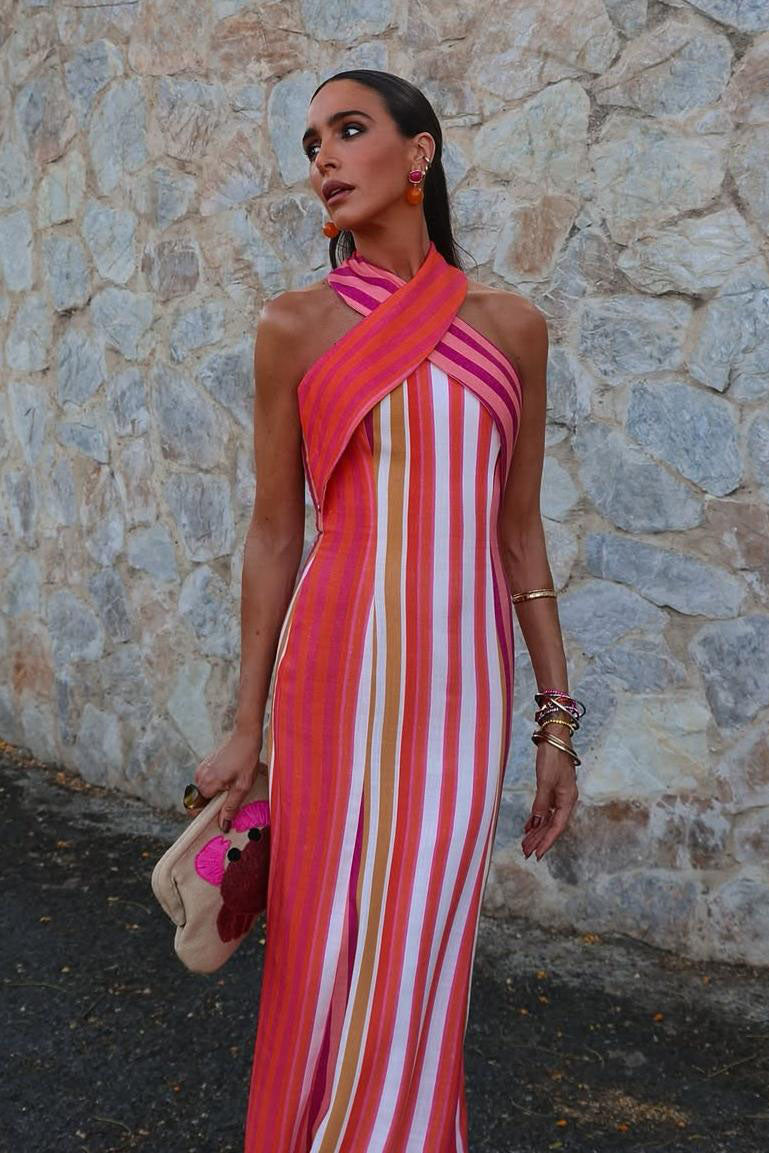 Sunset Samba Cross-Halter Stripe Dress