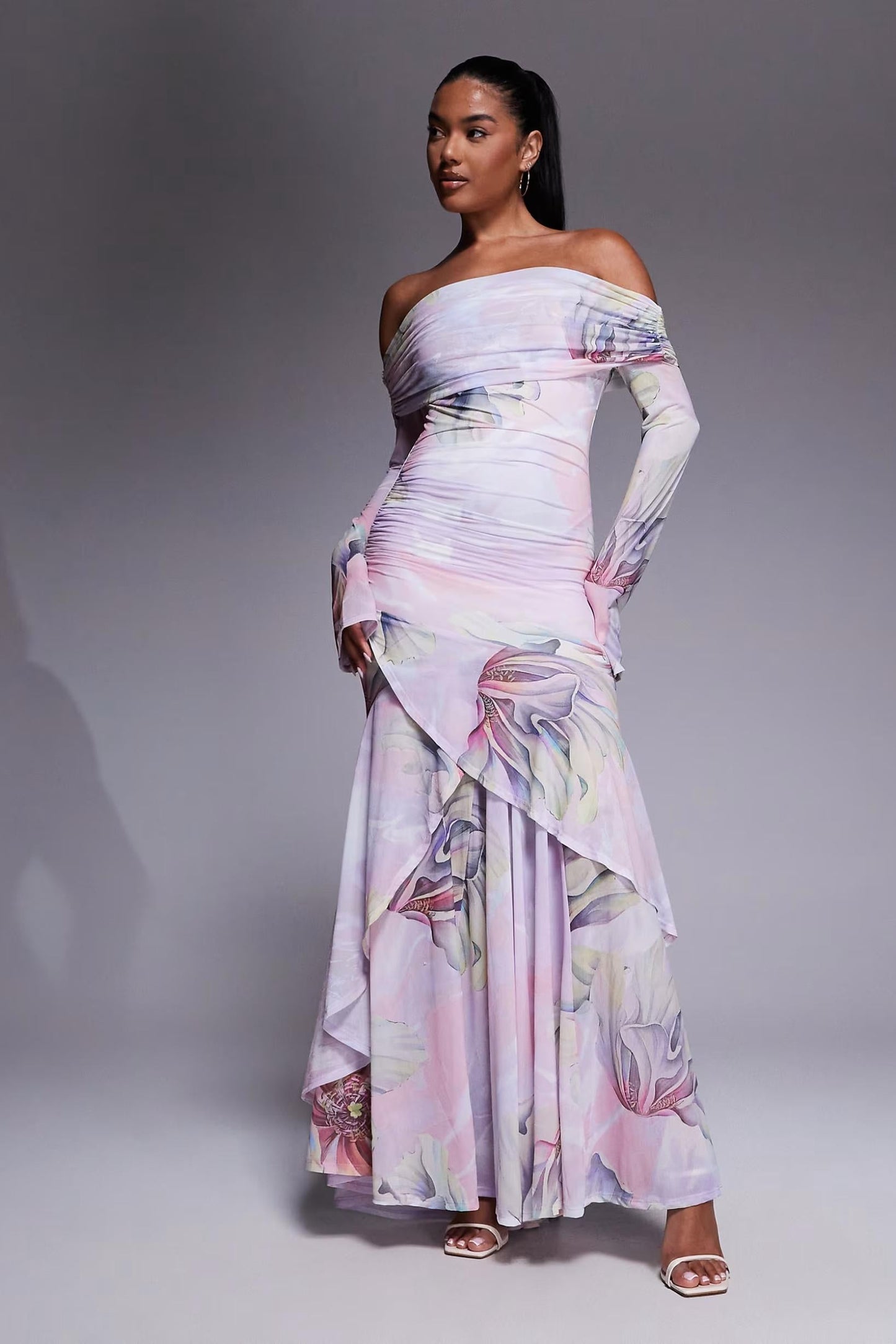 Chiffon Stretch Off Shoulder With Ruffle Hem In Floral Print Maxi Dress