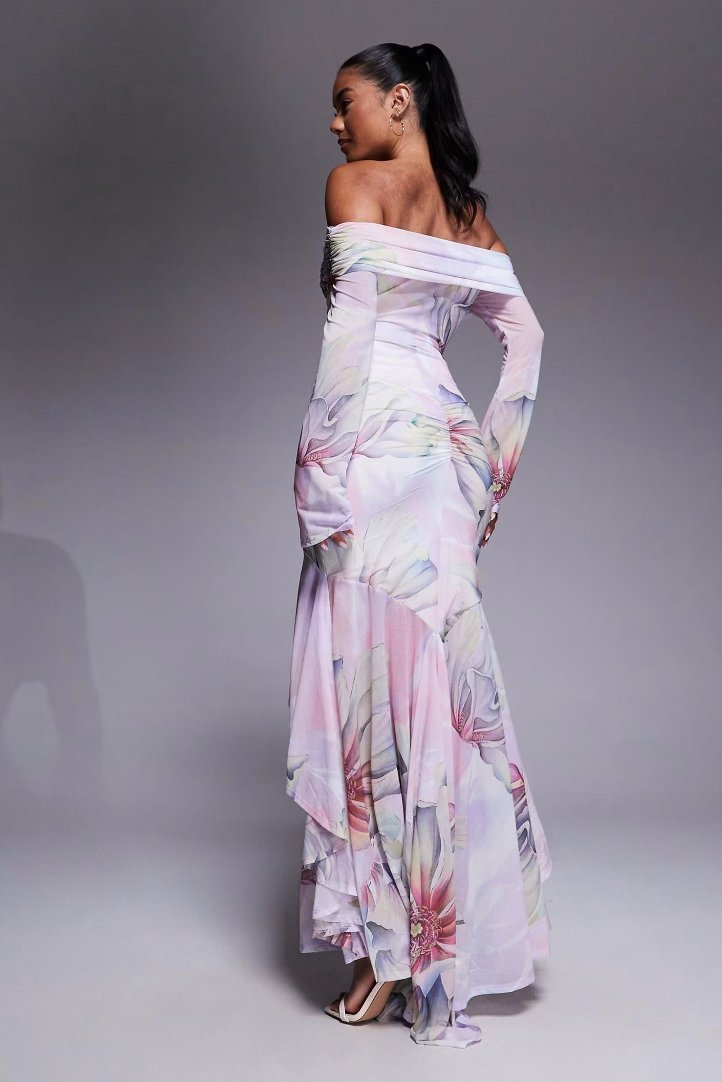 Chiffon Stretch Off Shoulder With Ruffle Hem In Floral Print Maxi Dress