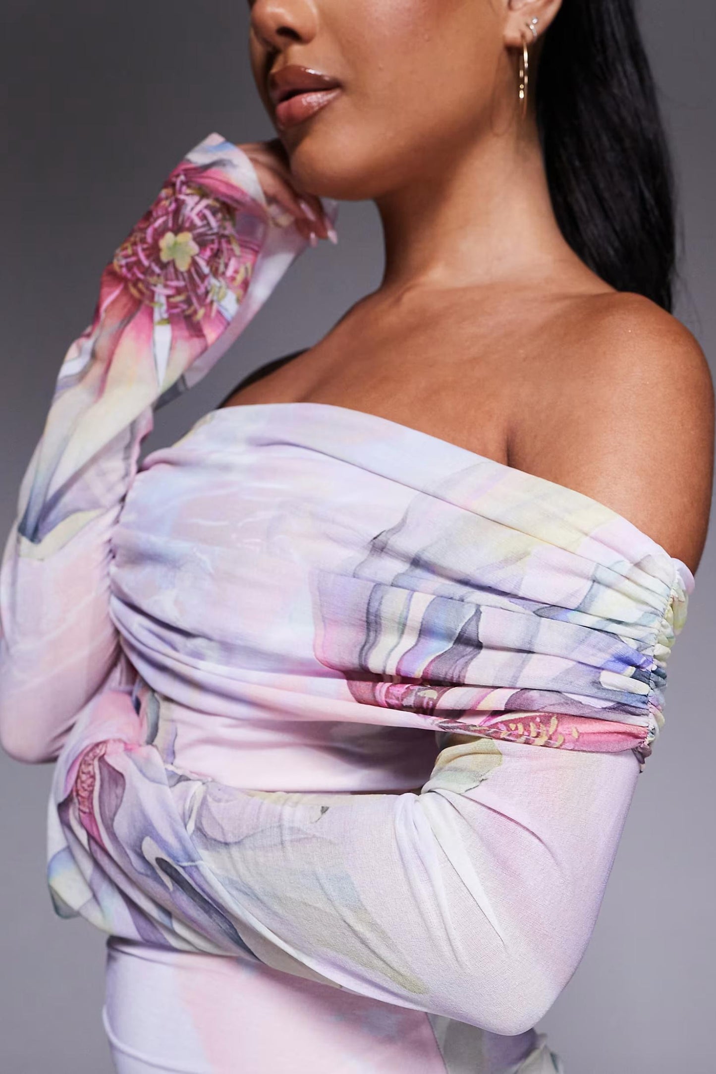 Chiffon Stretch Off Shoulder With Ruffle Hem In Floral Print Maxi Dress