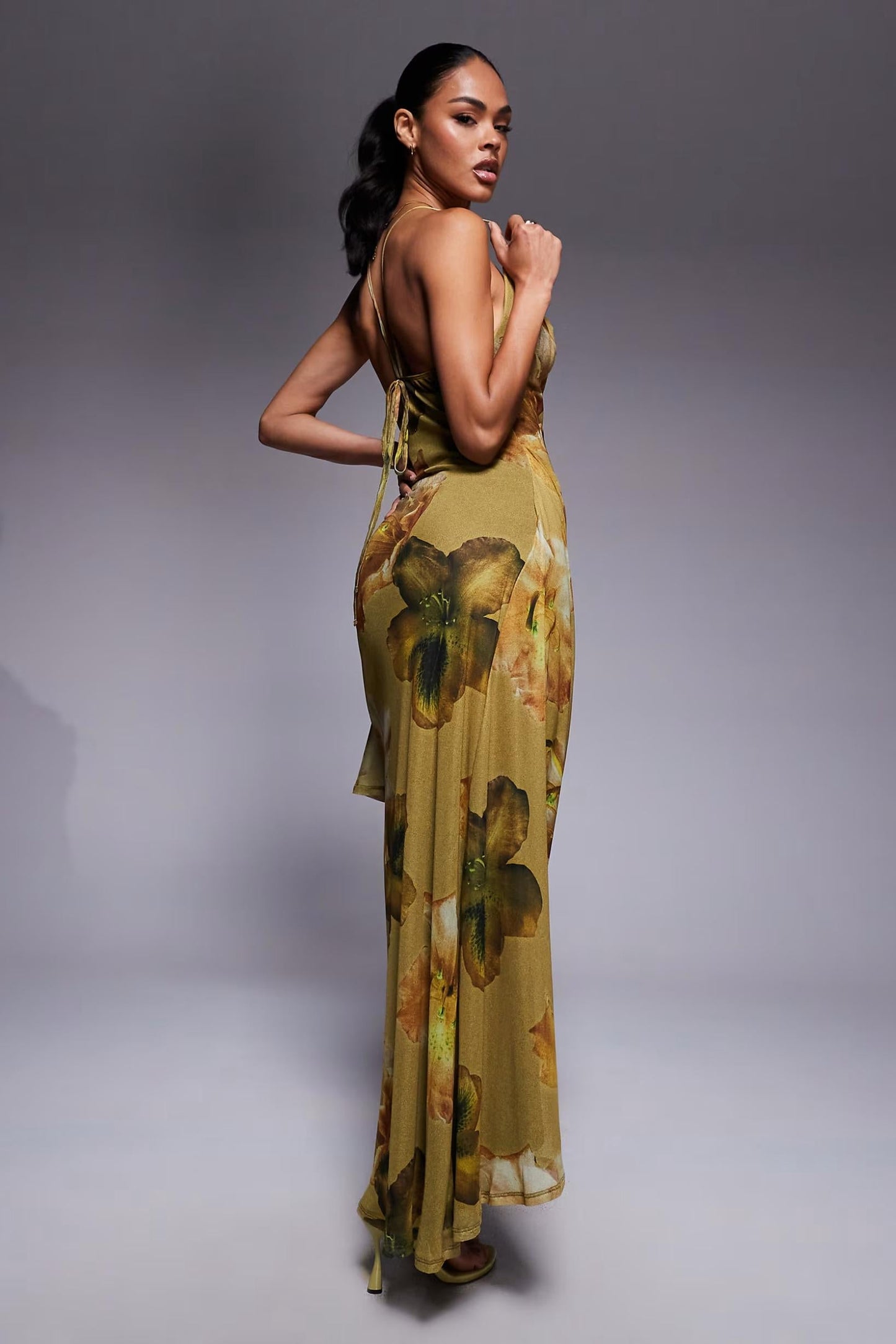 Printed Mesh Halter Drape Green Floral Maxi Dress