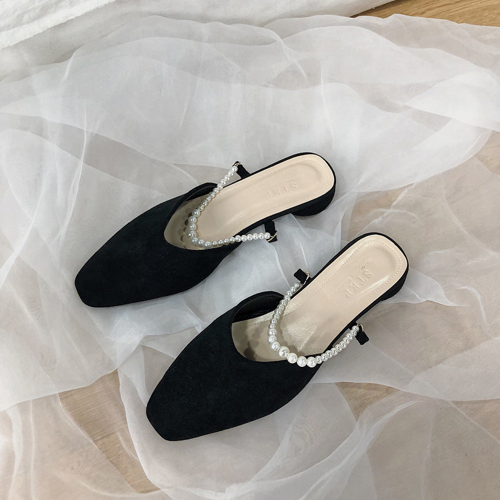 Sandals Square Head Pearl Muller Slippers