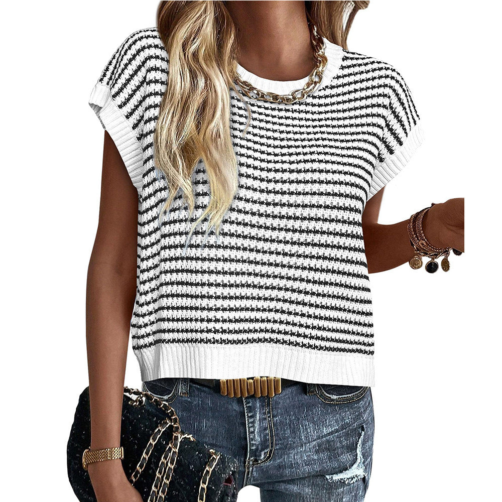 New Round Neck Knitted Top Casual Striped Contrast Color Sweater