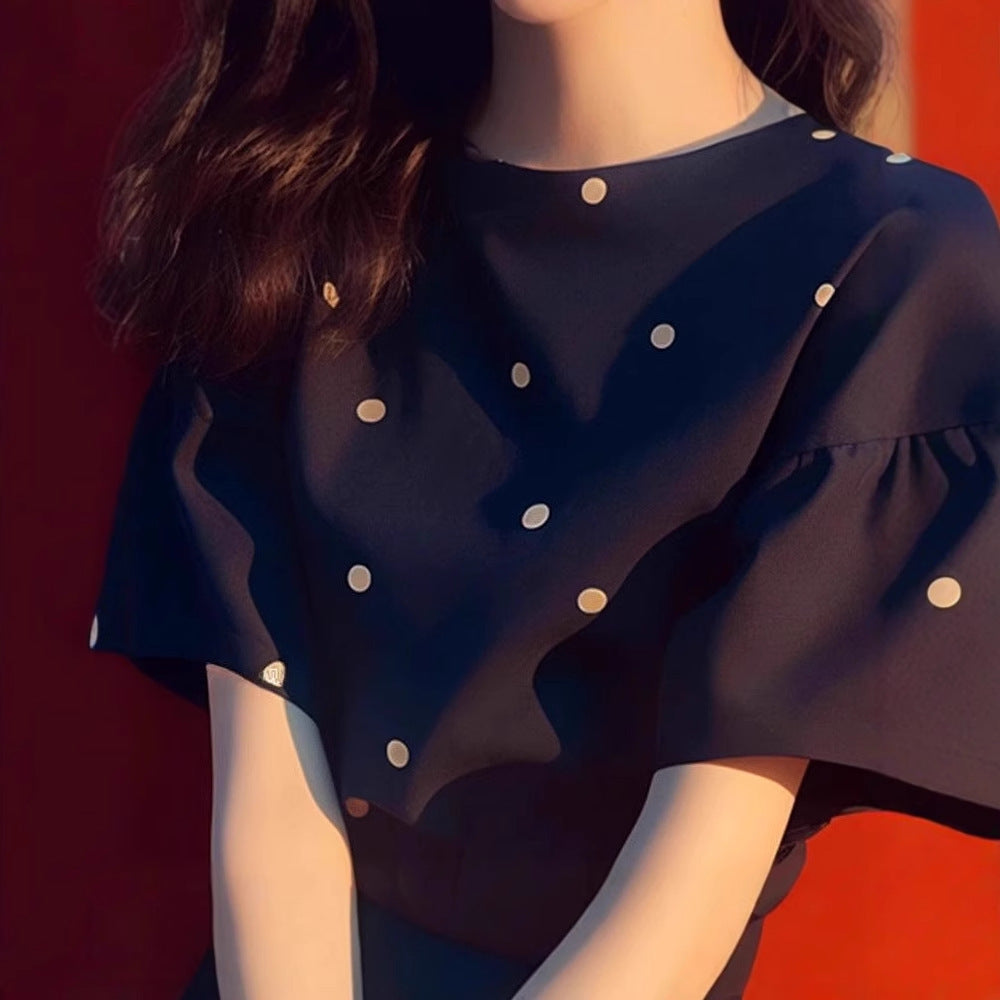 Black Dark Blue Polka Dot Short Sleeve T-shirt