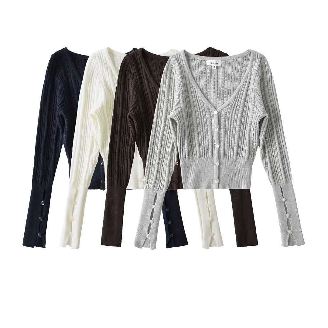 American Hot Girl Pure Desire Sexy V-neck Single-breasted Long Sleeve Sweater