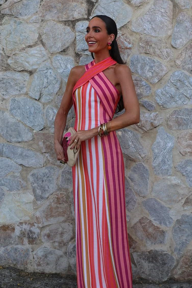 Sunset Samba Cross-Halter Stripe Dress