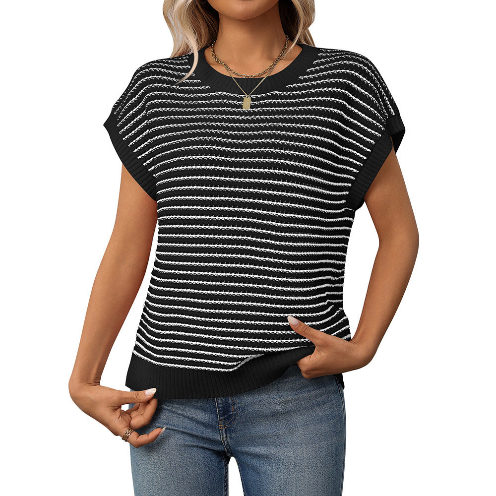 New Round Neck Knitted Top Casual Striped Contrast Color Sweater