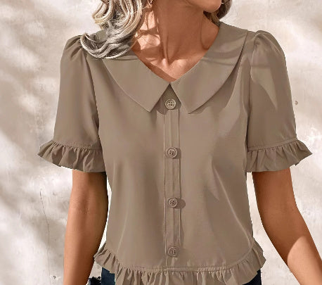Short-sleeved Casual Shirt Red Round-neck Ruffles