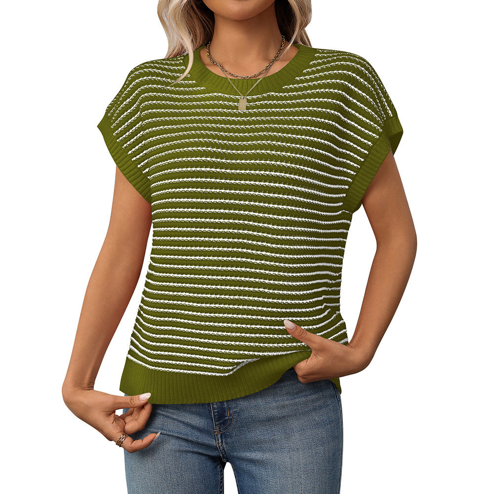 New Round Neck Knitted Top Casual Striped Contrast Color Sweater
