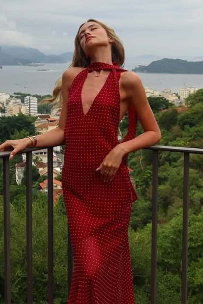 Polka Dot Neckholder-Farbblockkleid