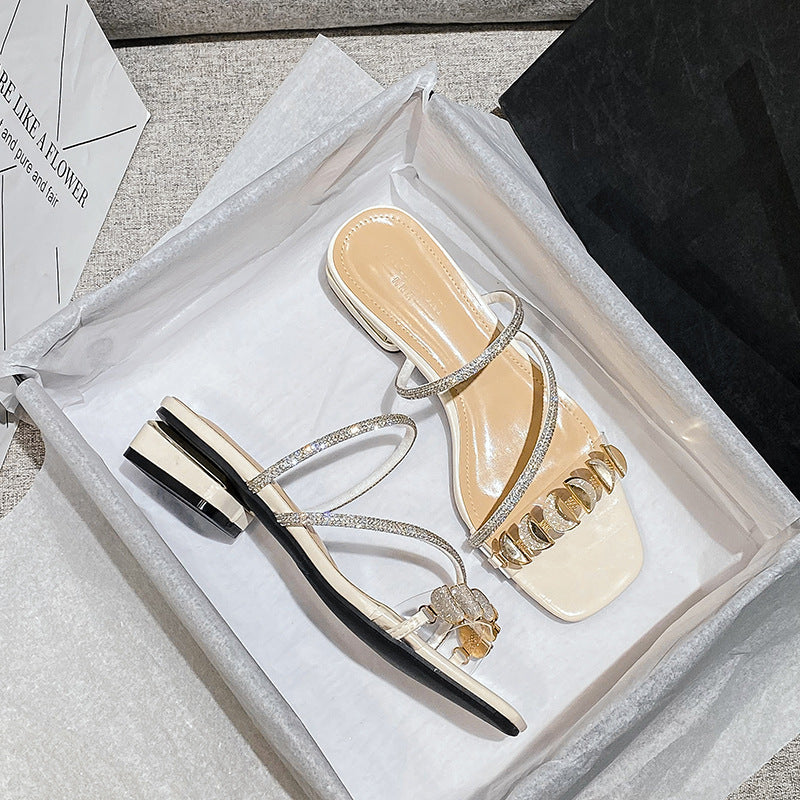 Sandalias de mujer con diamantes de imitación y tacón medio, zapatillas de talla grande