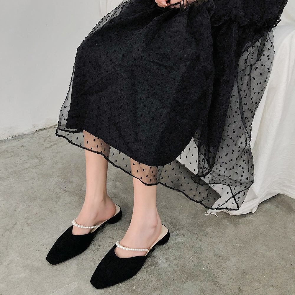 Sandals Square Head Pearl Muller Slippers