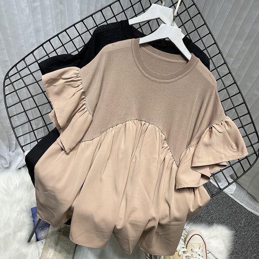 Extra Large Bell Sleeve Chiffon Stitching Ice Silk Knitted Top