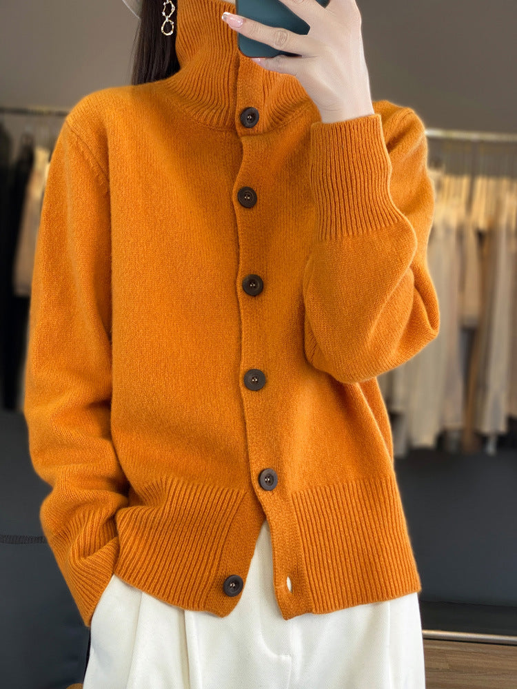 Turtleneck Solid Color Full Wool Loose Slimming Women's Cardigan Sweater