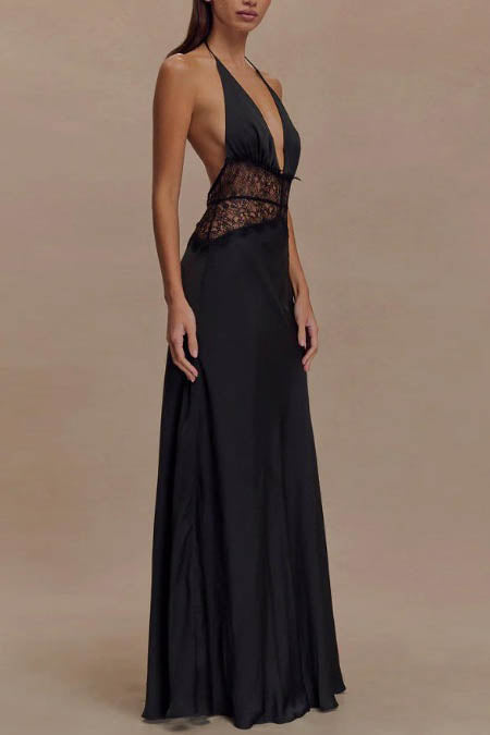 Neckholder Patchwork Rückenfreies Sexy Maxikleid