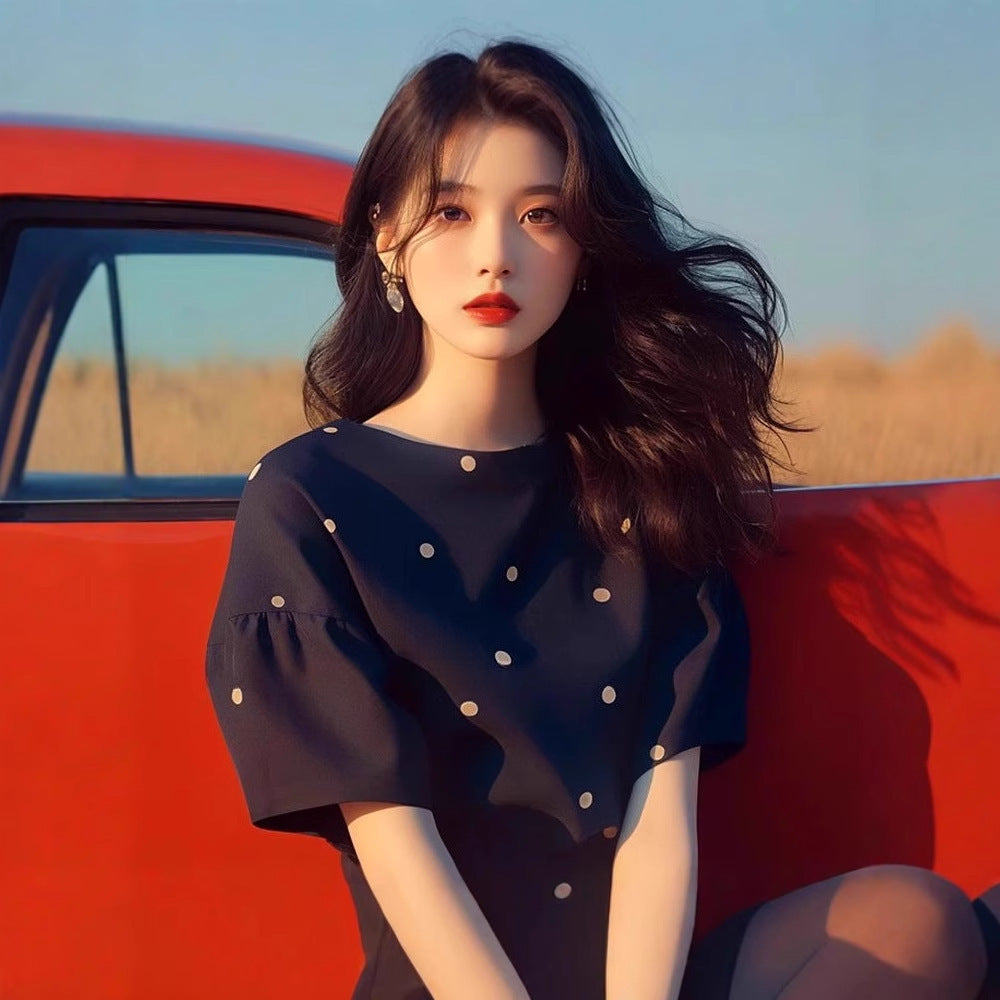 Black Dark Blue Polka Dot Short Sleeve T-shirt