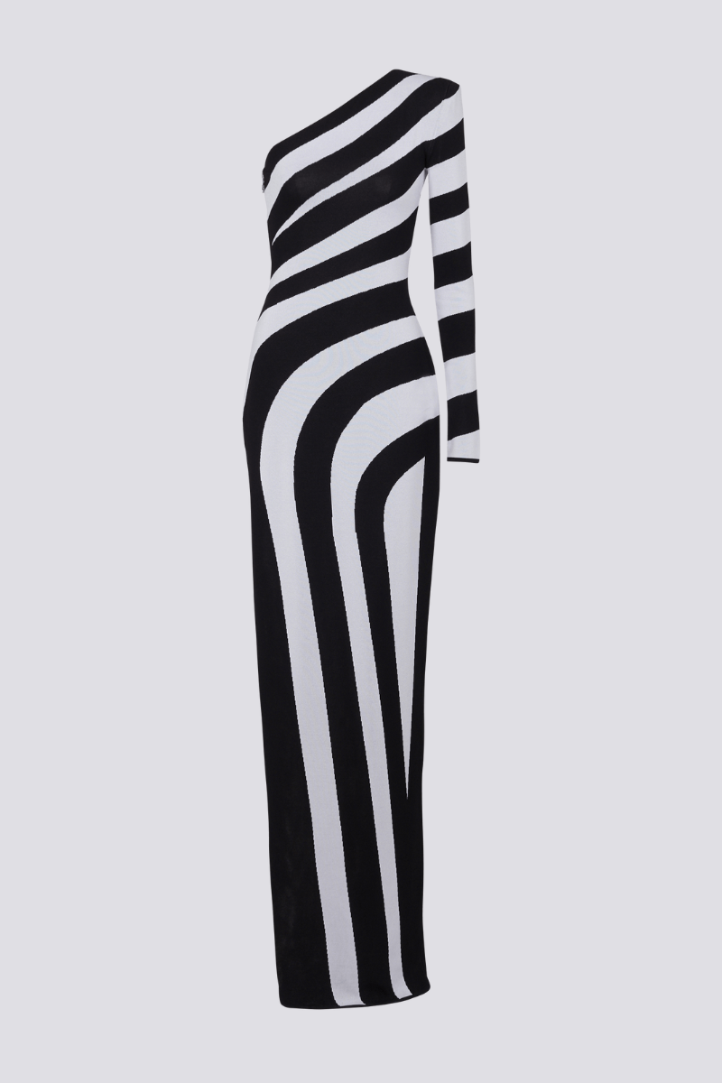 Alizea One Shoulder Slit Asymmetrical Striped Maxi Dress