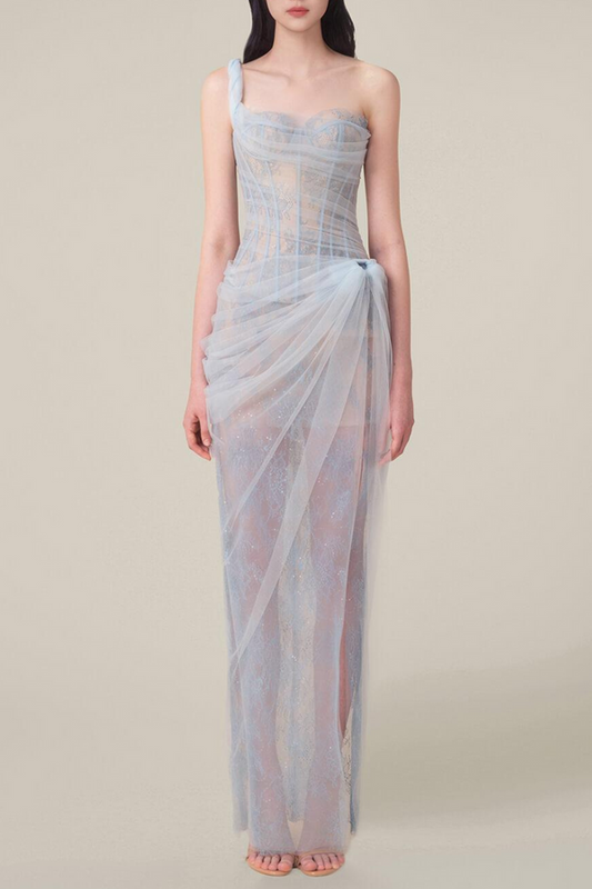 Bertille – Blaues Maxikleid mit One-Shoulder-Träger