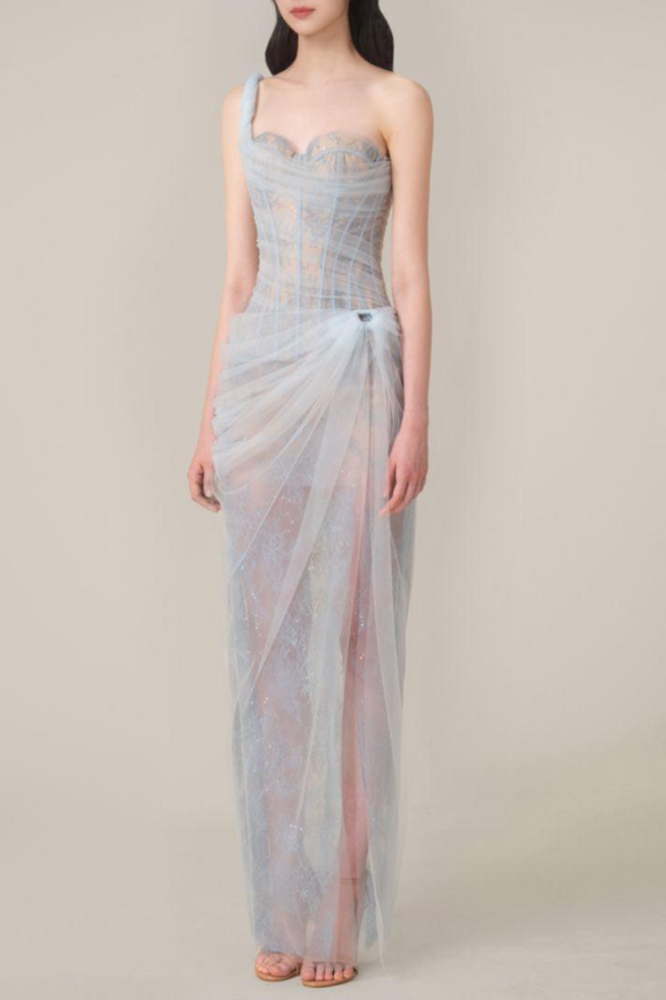 Vestido largo Bertille de un solo hombro en azul