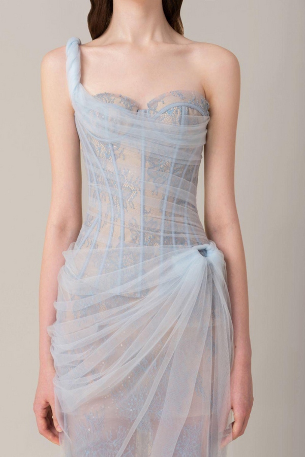 Vestido largo Bertille de un solo hombro en azul