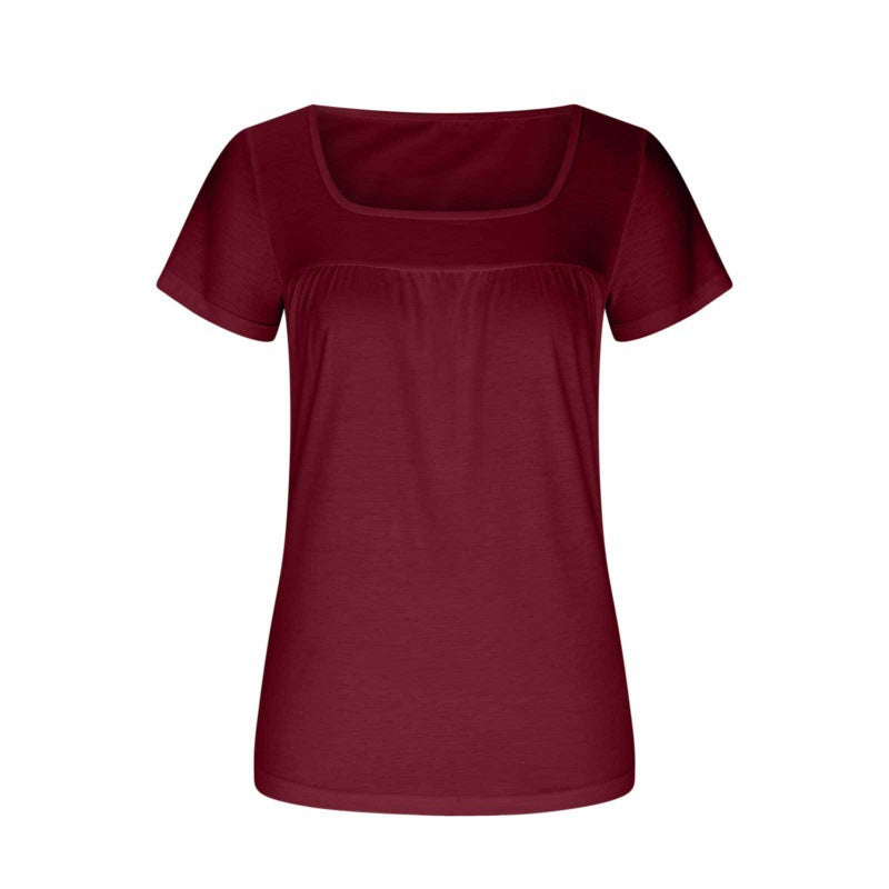 Women's Square Collar Pleated Solid Color Short-sleeved T-shirt