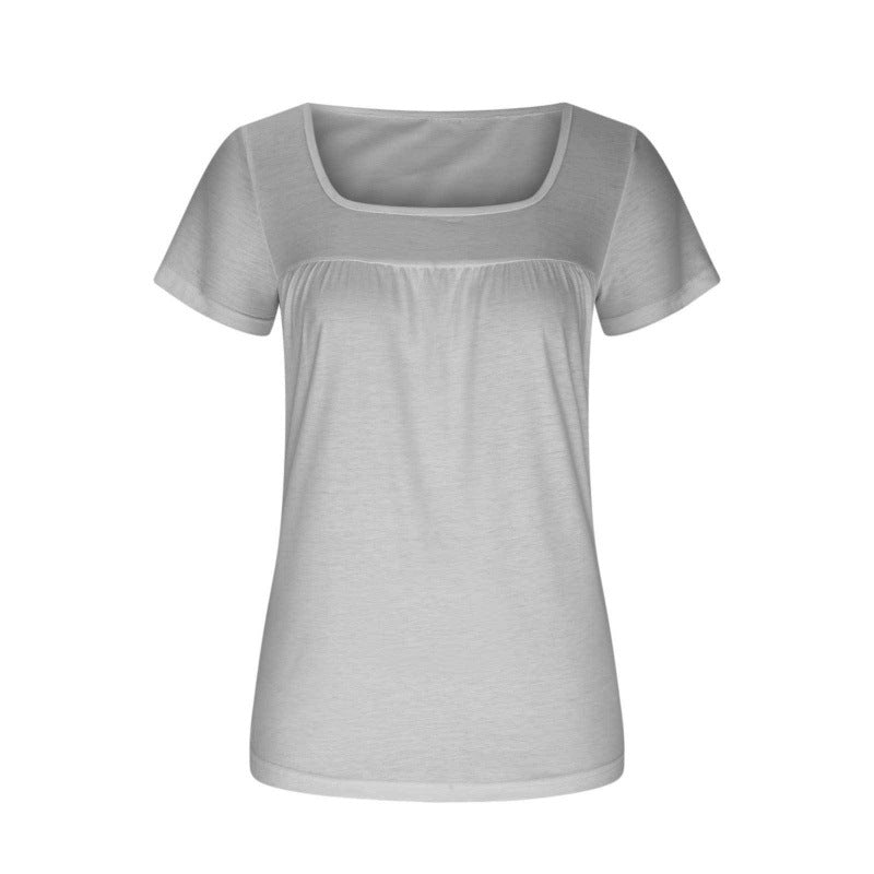 Women's Square Collar Pleated Solid Color Short-sleeved T-shirt