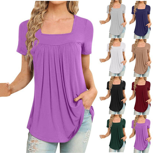 Women's Square Collar Pleated Solid Color Short-sleeved T-shirt