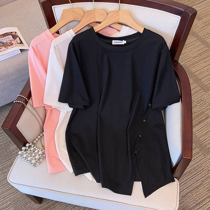 Round Neck New Plus-sized Plus Size Slimming Loose Mid-length Short Sleeve