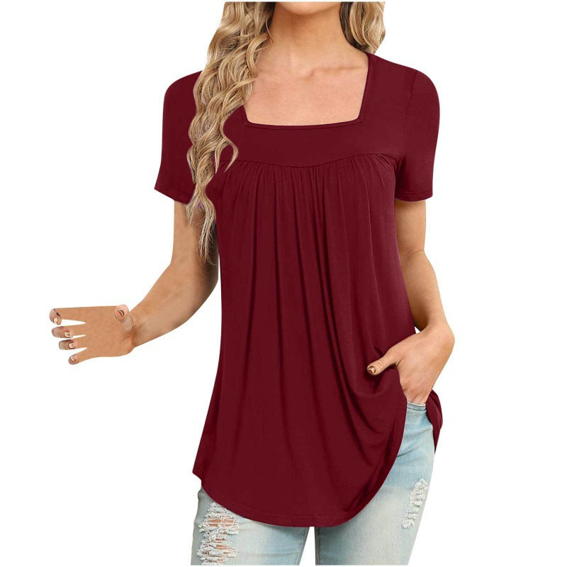 Women's Square Collar Pleated Solid Color Short-sleeved T-shirt