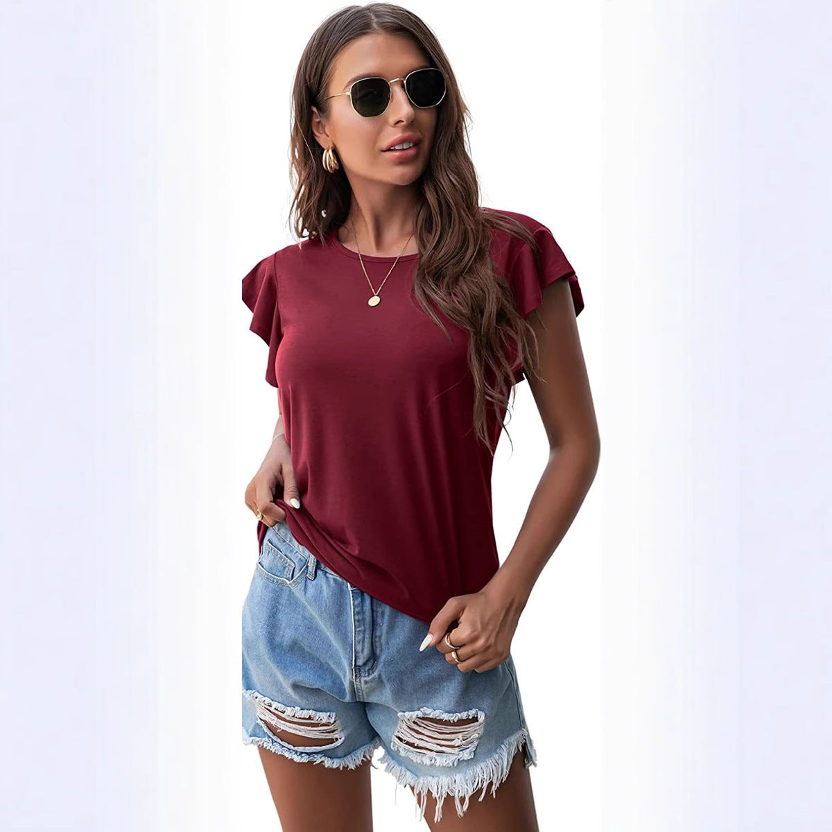 Women's Round Neck Ruffled Short Sleeve T-shirt