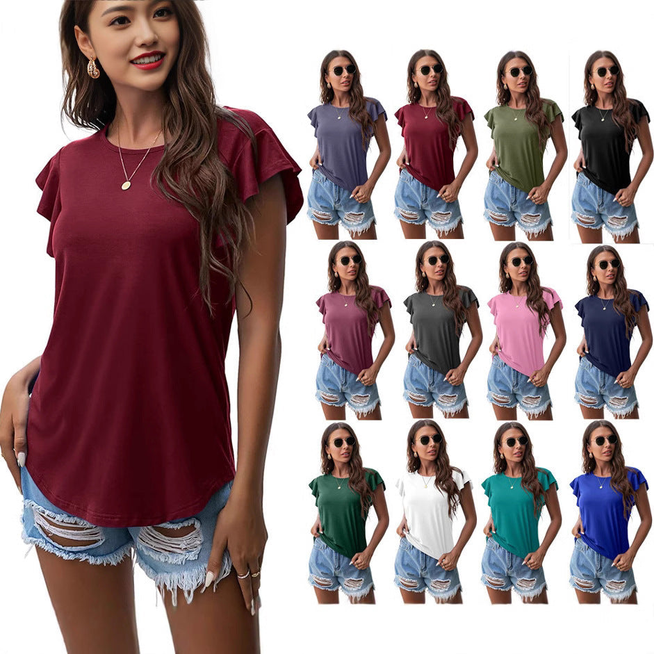 Women's Round Neck Ruffled Short Sleeve T-shirt