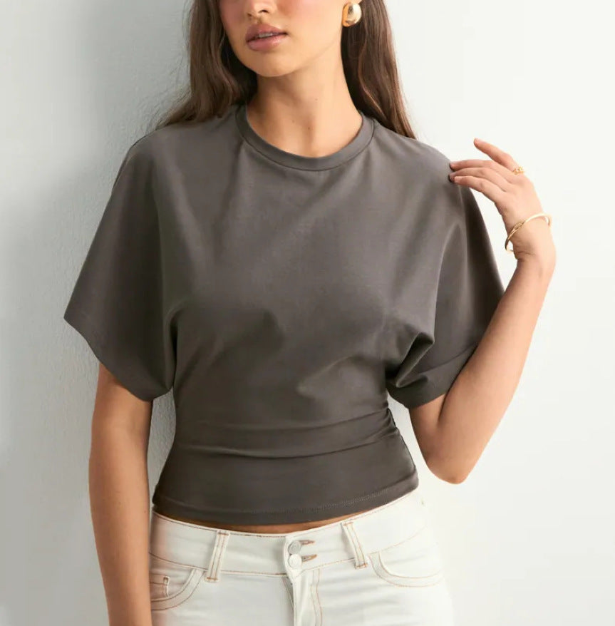 Round Neck Pullover Short Sleeve T-shirt Women's Solid Color Loose Top