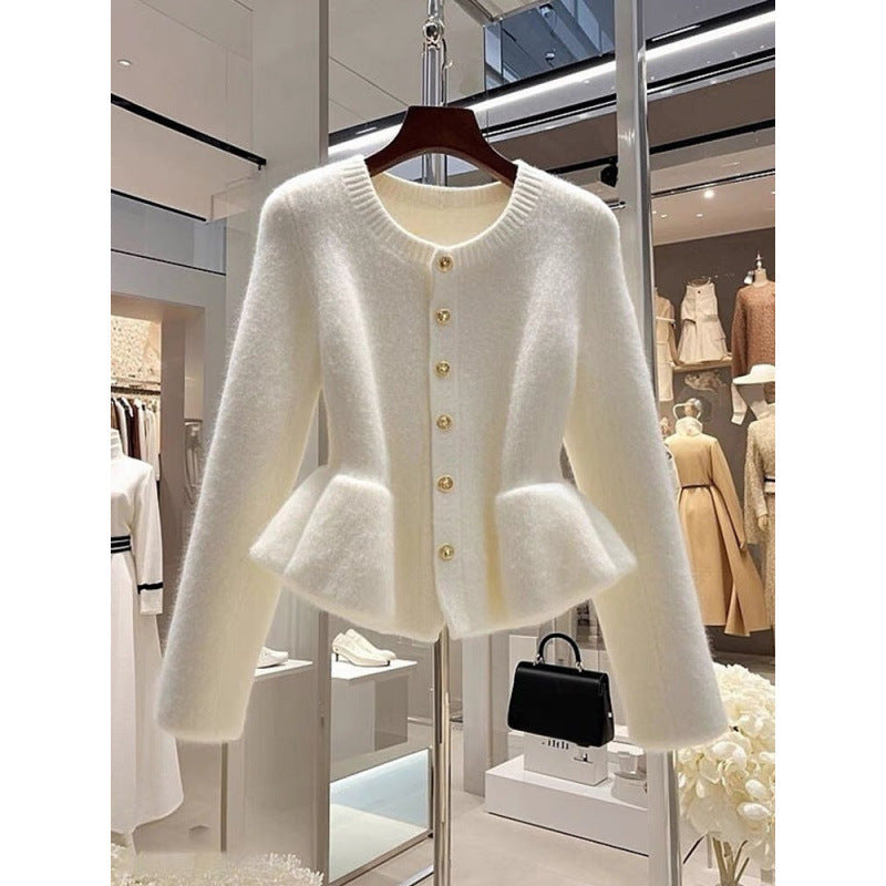 High-grade White Sweater Cardigan Waist-tight