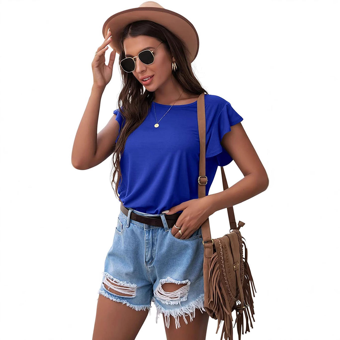 Women's Round Neck Ruffled Short Sleeve T-shirt