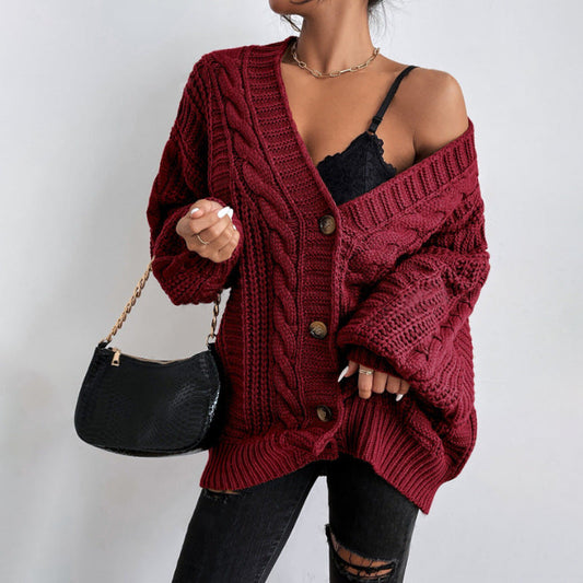 V-neck Sweater Women's Retro Fashion Loose Twist Knitted Coat