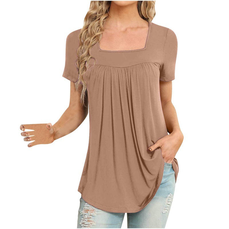 Women's Square Collar Pleated Solid Color Short-sleeved T-shirt