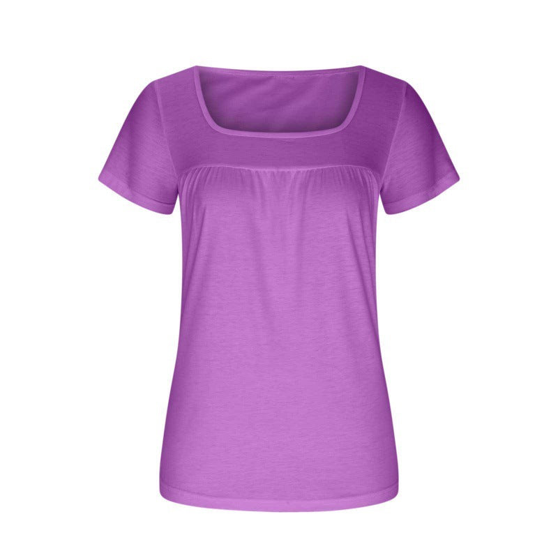Women's Square Collar Pleated Solid Color Short-sleeved T-shirt