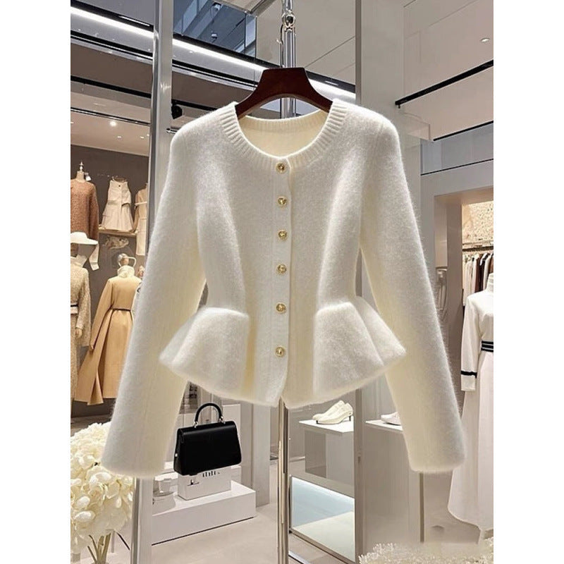 High-grade White Sweater Cardigan Waist-tight