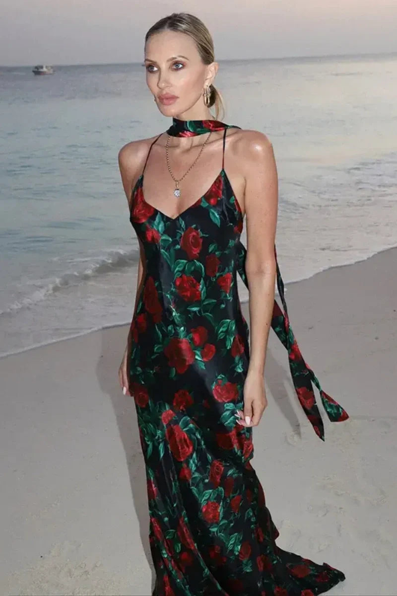 Vestido largo sin espalda con estampado floral