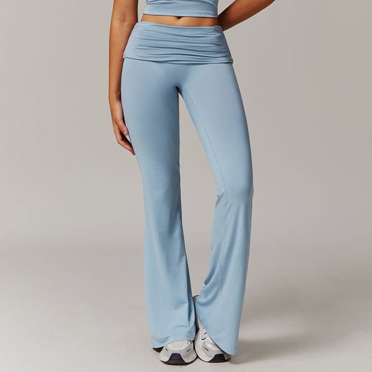 Wool Pleated Yoga Fold High Waist Running Sports Skinny Versatile Bell-bottom Pants Women