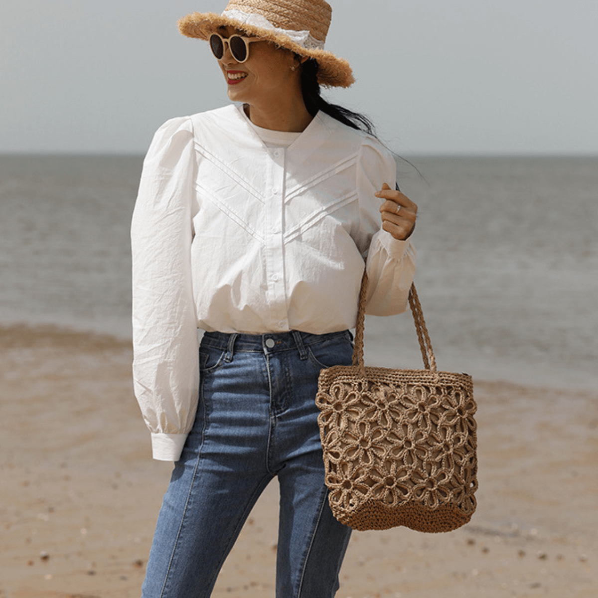 Flower Straw Beach Bag