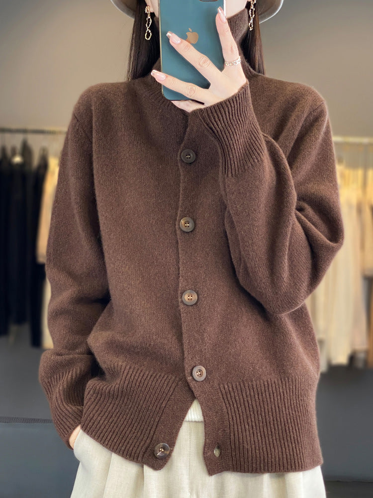 Turtleneck Solid Color Full Wool Loose Slimming Women's Cardigan Sweater