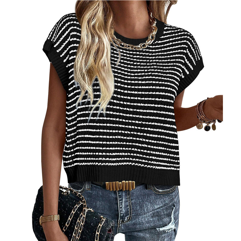 New Round Neck Knitted Top Casual Striped Contrast Color Sweater