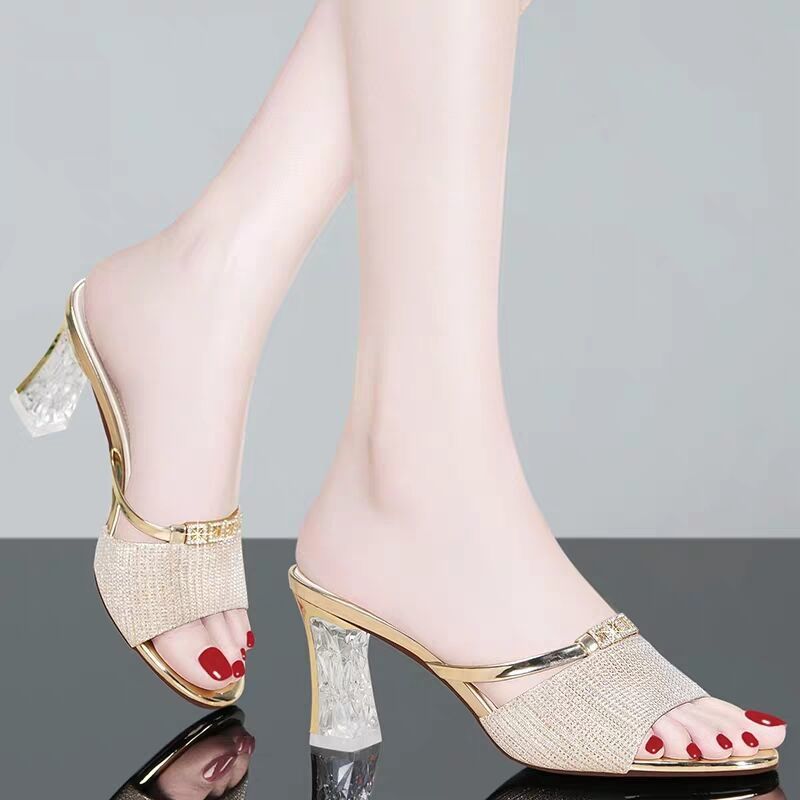 Pantuflas de moda para mujer, para exteriores, con tacón grueso y tacón medio, sandalias con cristales de imitación para mujer