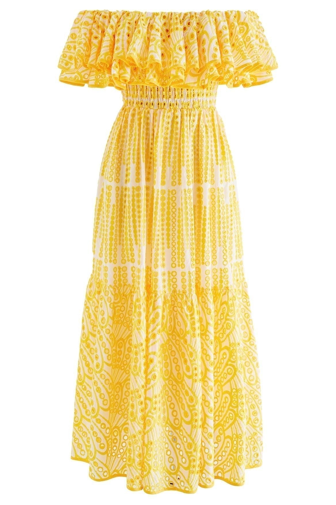 Schulterfreies, ausgestelltes Midikleid „Dolly“ aus bestickter Spitze