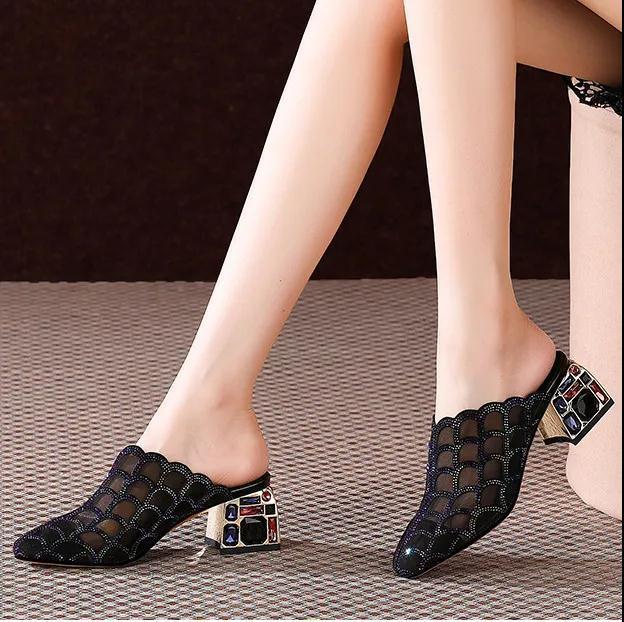 Thick Heel Baotou Sandals And Slippers Women New Mesh Hollow